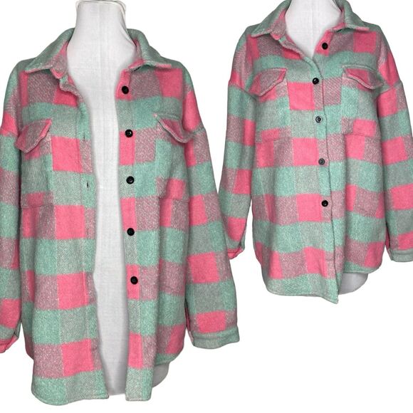 Pink Buffalo Plaid Shacket Shirt Jacket Womens Med Gorpcore Softgirl Cottagecore - Picture 2 of 9